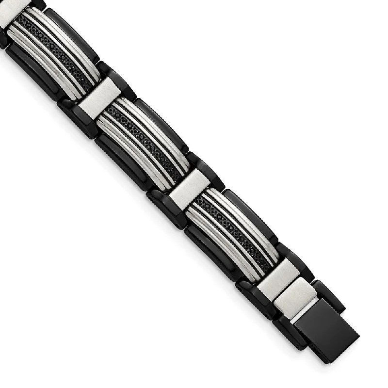 Mens 12mm Two-Tone Stainless Steel & Black CZ Link Bracelet, 8.75 Inch