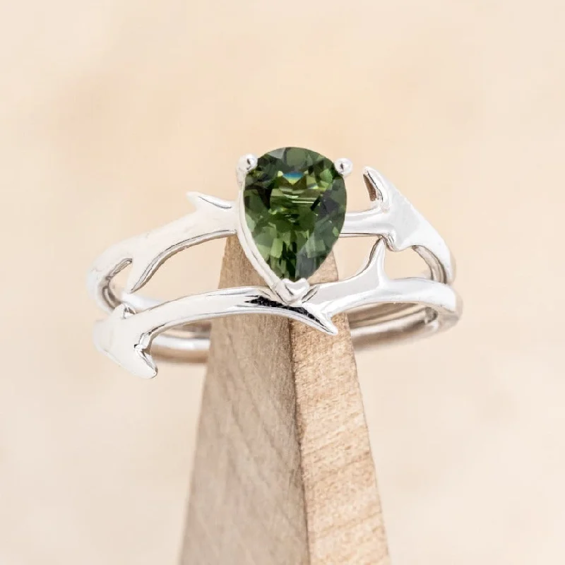 "ARTEMIS" - PEAR GREEN TOURMALINE ENGAGEMENT RING WITH AN ANTLER-STYLE STACKING BAND