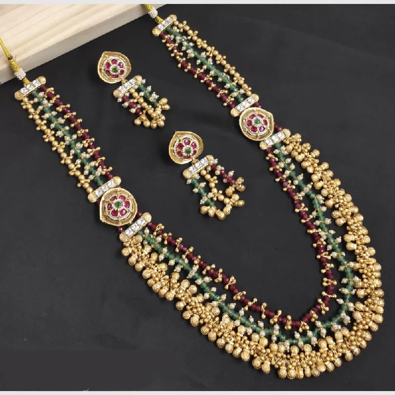 SNERA Gold Plated Pota Stone And Beads Long Necklace Set