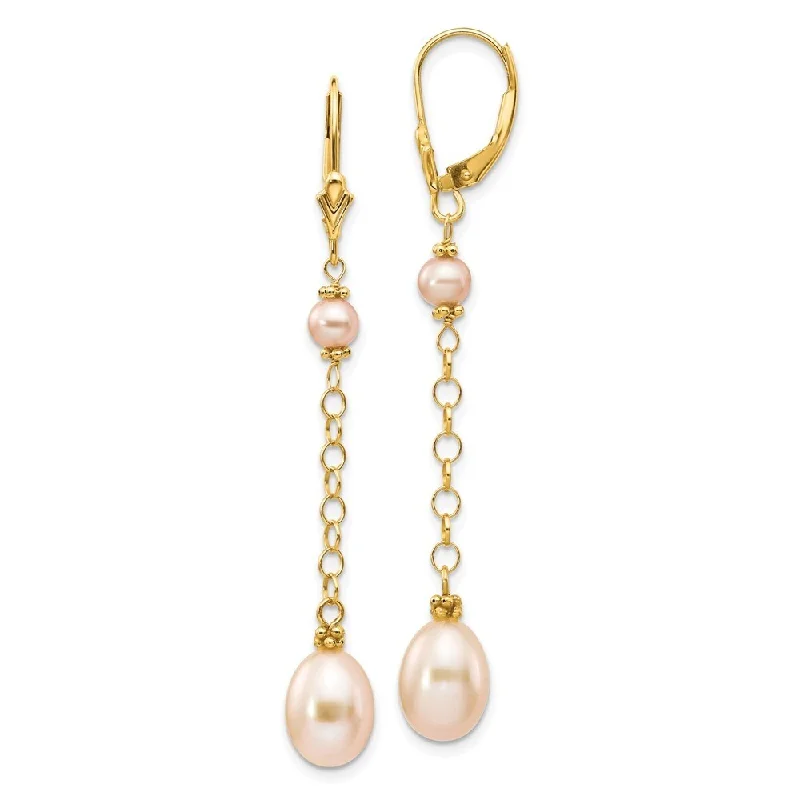 14K Yellow Gold Pink Pearl Drop Earrings w/ Leverback (L-55 mm, W-8 mm)