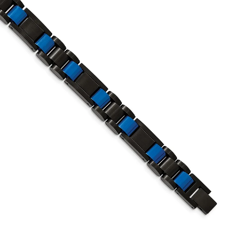 Mens 11mm Black & Blue Plated Stainless Steel Link Bracelet, 8.75 Inch