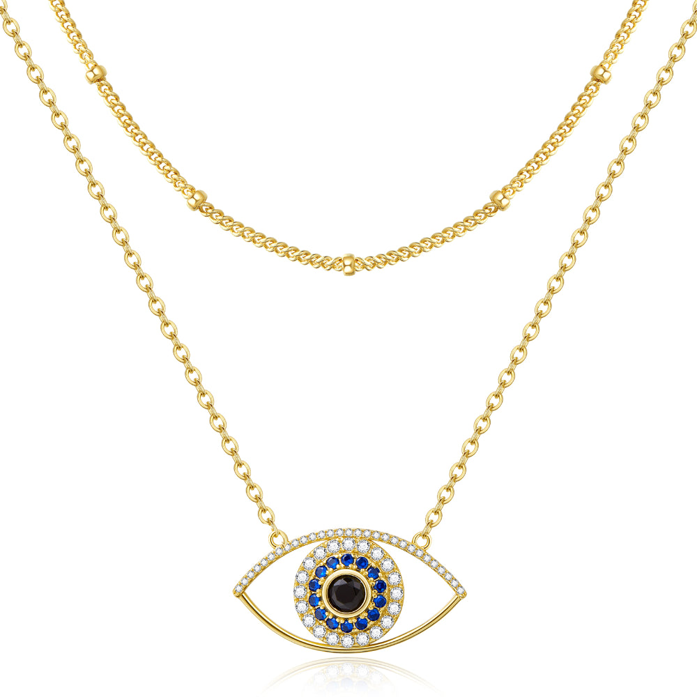 Dainty 14K Gold Layered Evil Eye Religious Necklace- Devil's Eye+Satellite