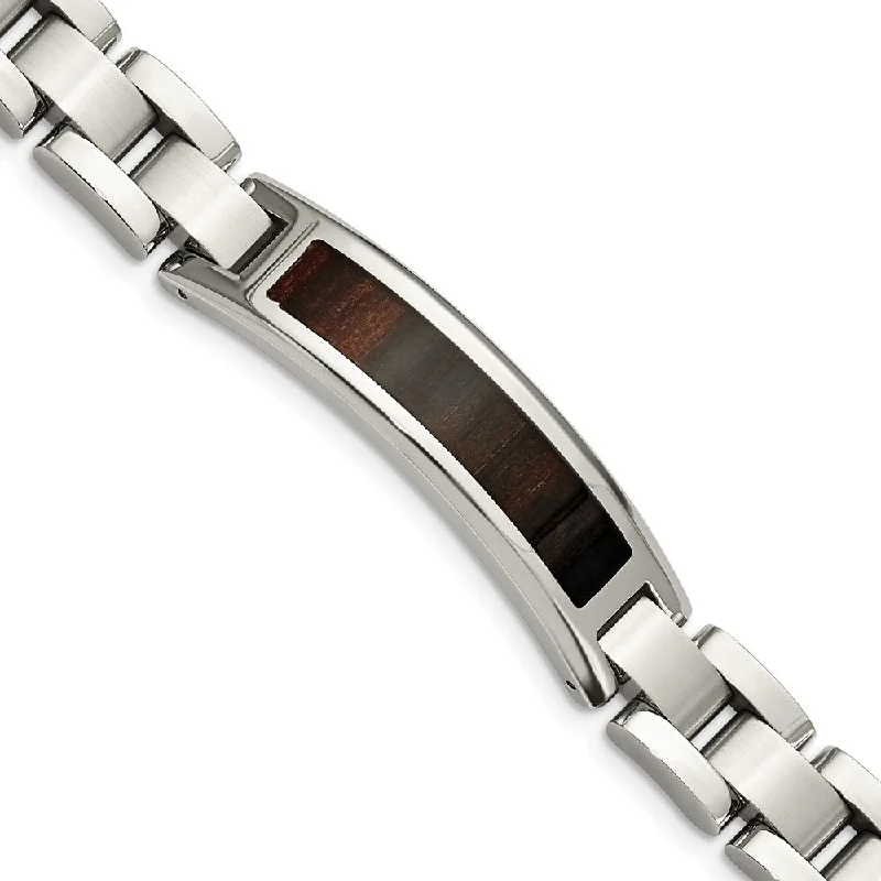 12mm Stainless Steel Enamel Black Koa Wood I.D. Link Bracelet, 8.5 In