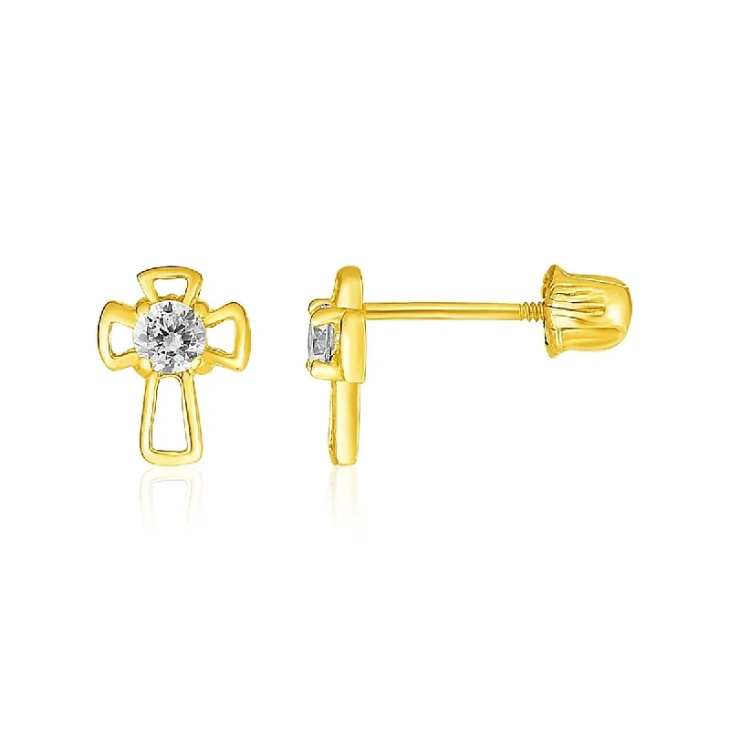 14k Yellow Gold Cross Childrens Earrings