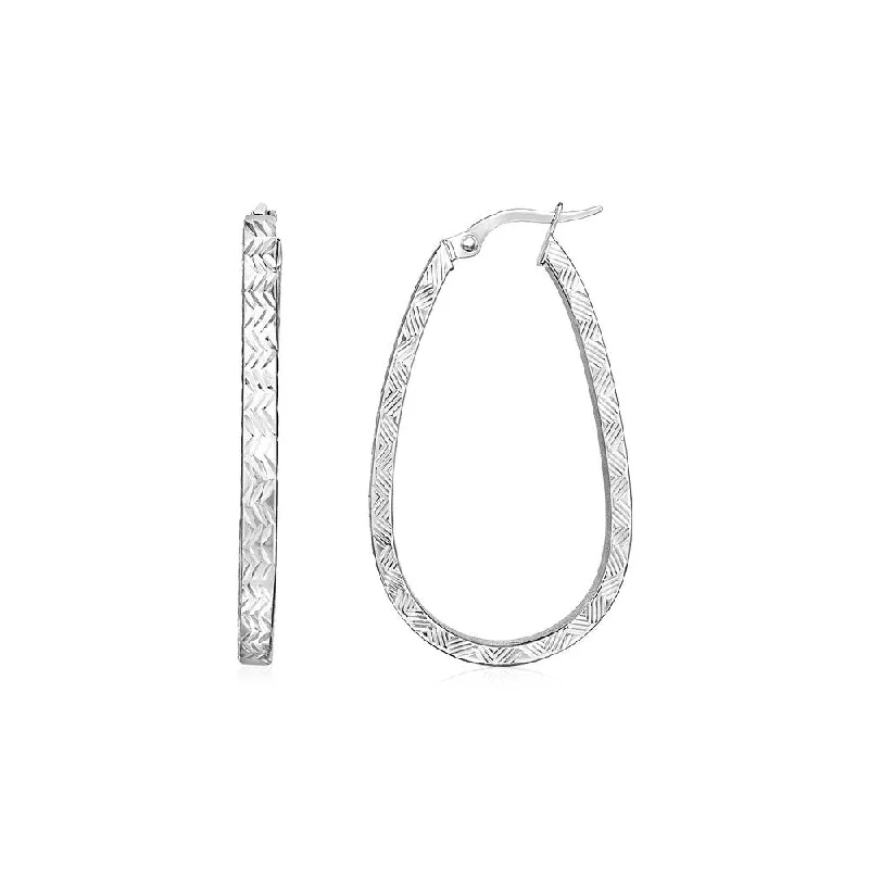 14k White Gold Oval Shaped Textured Hoop Earrings