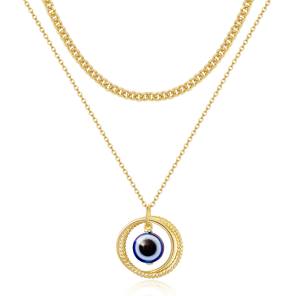 Dainty 14K Gold Layered Evil Eye Religious Necklace- Ring Blue Eye