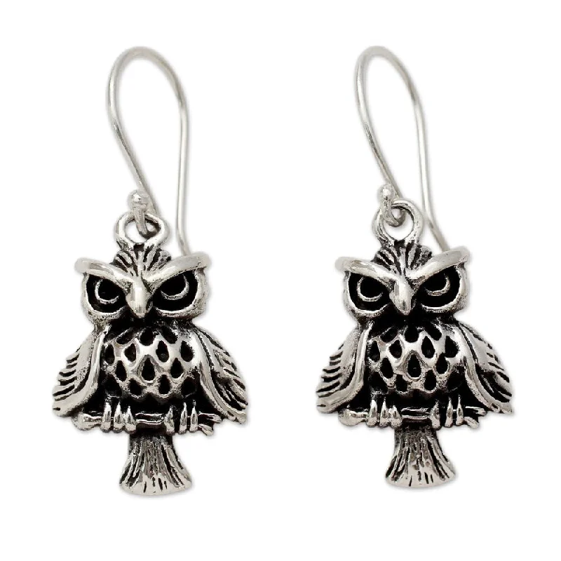 Handmade Sterling Silver 'Owl at Midnight' Earrings (India)