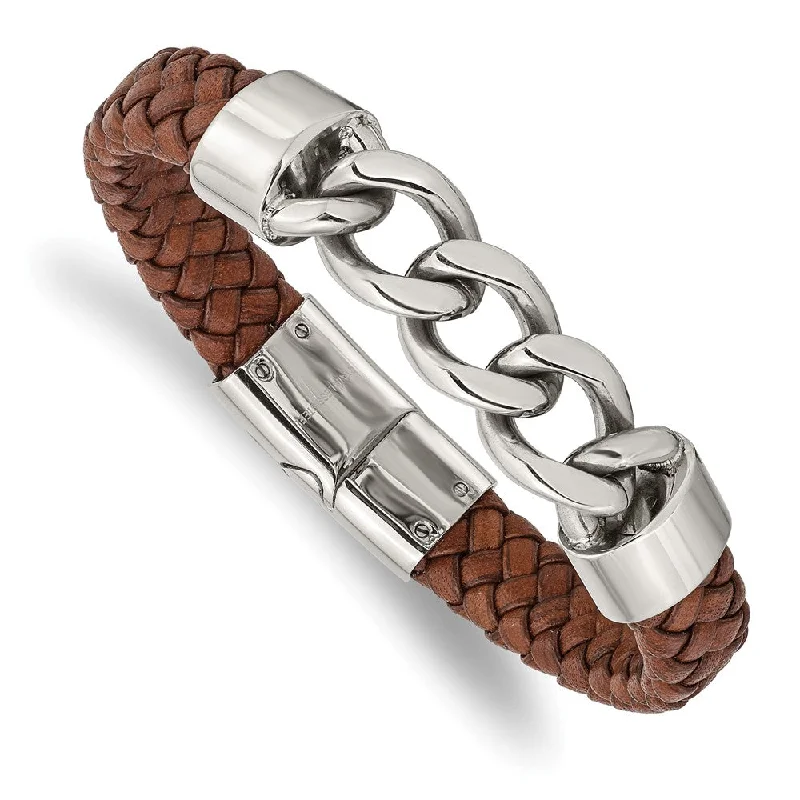 Men's Stainless Steel & Brown Leather Curb Link Bracelet, 8.25 Inch