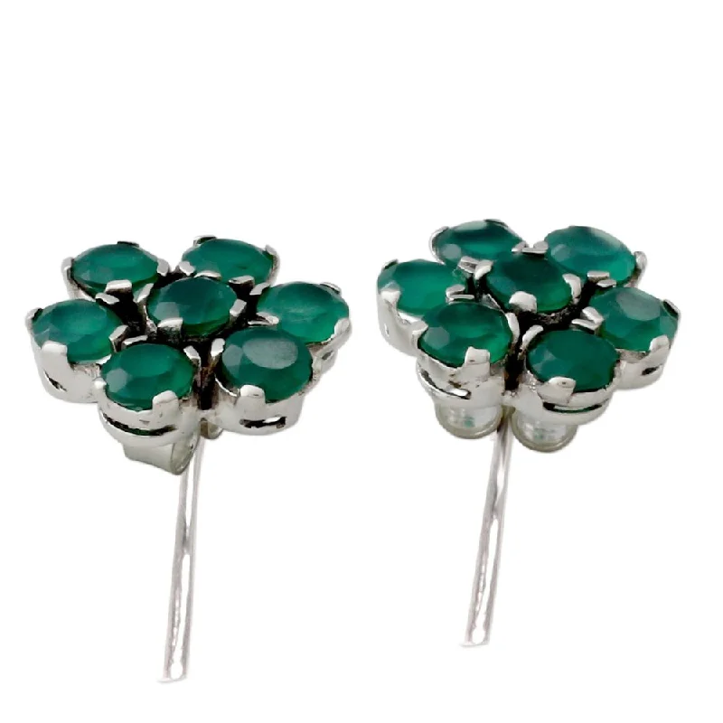 Onyx Button Earrings, 'Green Blossom' (India)