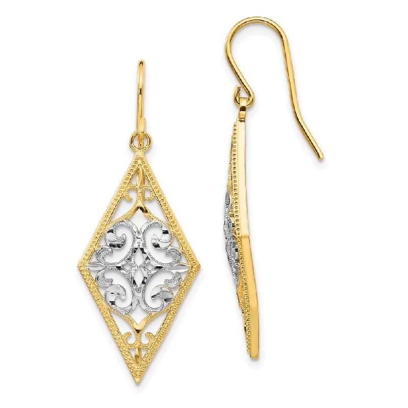 14k Yellow and White Gold Diamond Shape Filigree Drop Dangle Earrings (L-39 mm, W-14 mm)