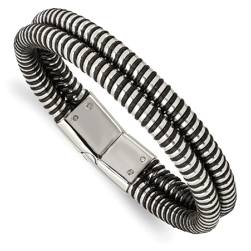 Men's Polished Stainless Steel and Black Leather Bangle Bracelet