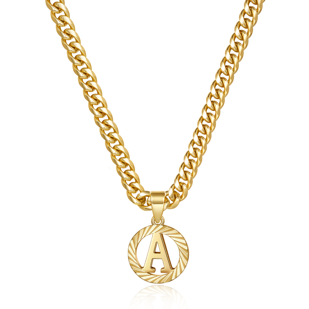 14K Gold Plated Round Letter Pendant Necklace with 5mm Cuban Chain