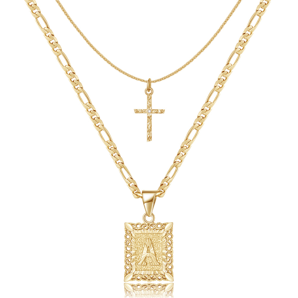 14K Gold Plated Layered Initial Letter Pendant Cross Choker Necklace- Square