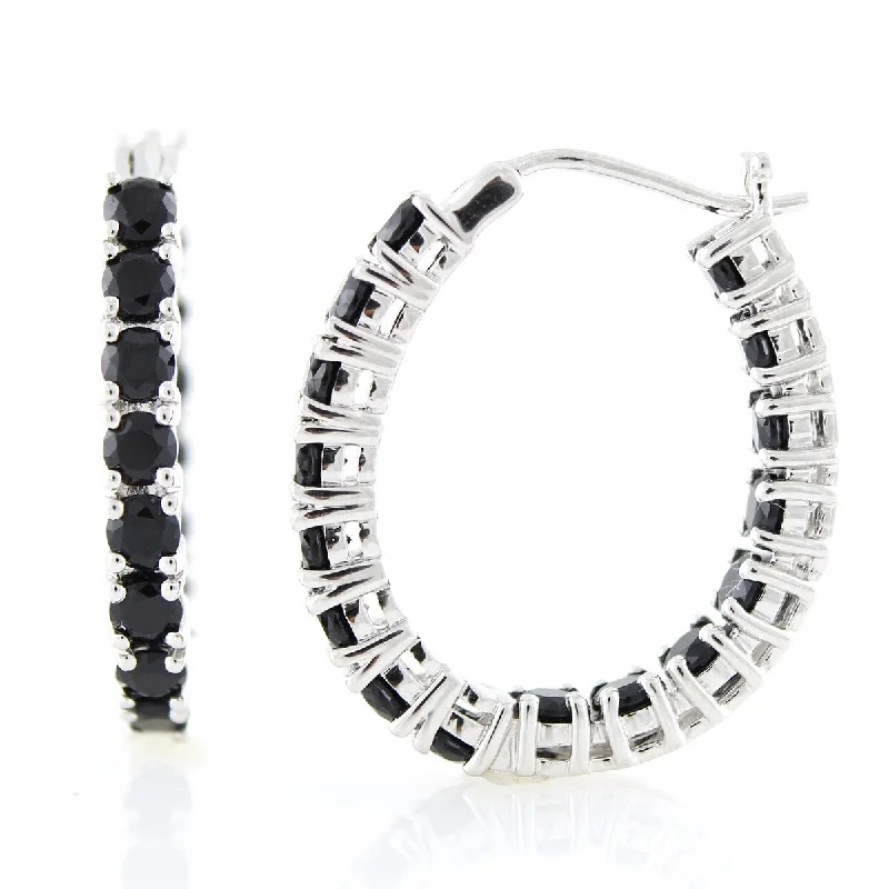 Sterling Silver 4.46Ctw Black Spinel 1" Hoop Earrings