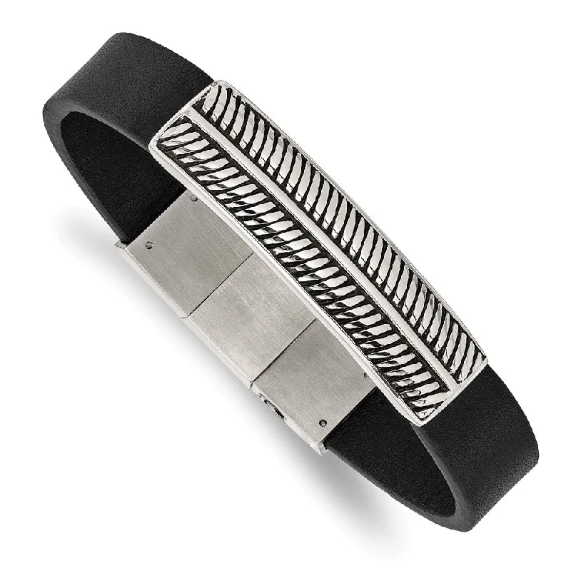 Stainless Steel Black Leather Antique Textured I.D. Bracelet, 8-8.5 In