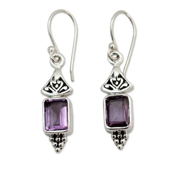 Handmade Sterling Silver Lilac Lantern Purple Amethyst Dangling Earrings (India) - 1.5*0.3