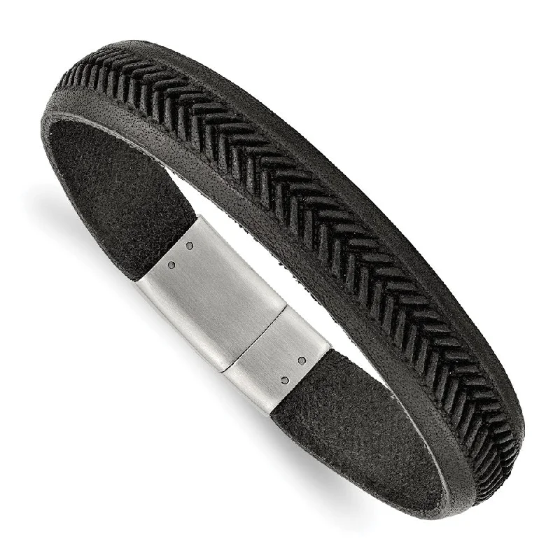 13mm Stainless Steel Black or Tan Leather Tire Tread Bracelet, 8.75 In