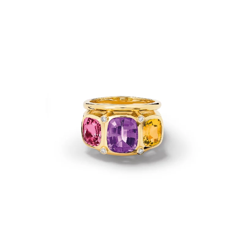 Ozymandias Ring 18ct Yellow Gold - Amethyst, Mandarin Garnet, Pink Tourmaline & Diamond