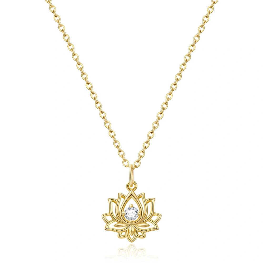 14K Gold Plated Yoga Floral Pendant Necklace with Message Card- Single Diamond Lotus