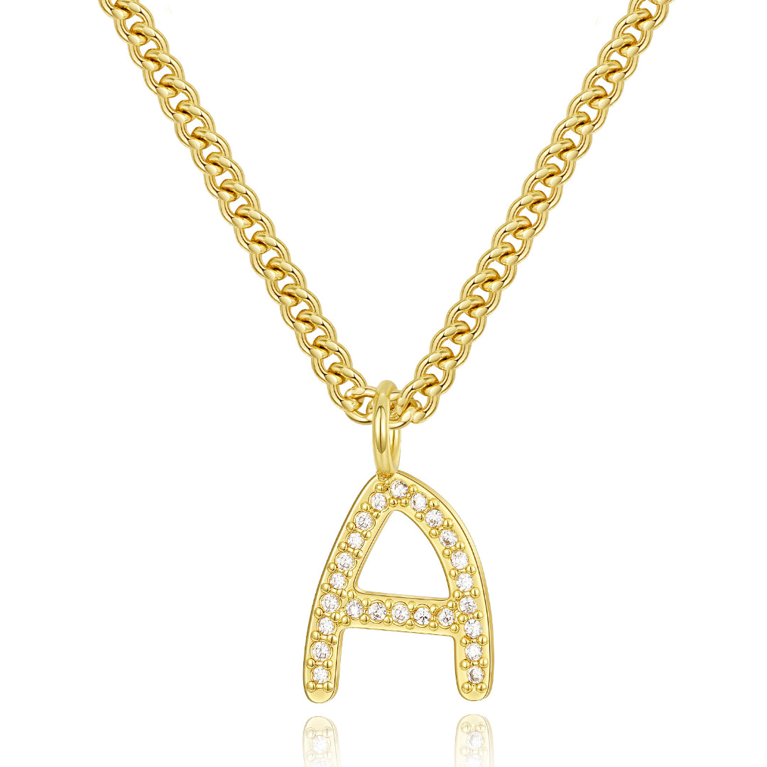 14K Gold Plated CZ Initial Letter Pendant Necklaces Cuban Chain