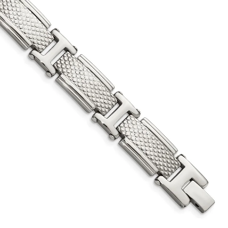 Men's 12mm Stainless Steel Polished Textured Link Bracelet, 8.5 Inch