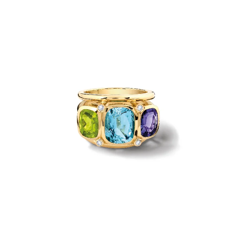 Ozymandias Ring 18ct Yellow Gold -  Blue Topaz, Peridot, Iolite & Diamond Ring