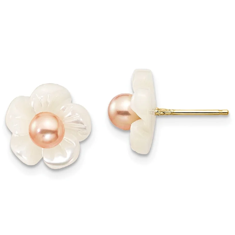 14k Yellow Gold 3-4mm Pink Cultured Pearl w10mm MOP Flower Stud Earrings (L-10 mm, W-10 mm)