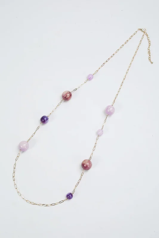 Purple Contrast Ball Beaded Gold Necklace