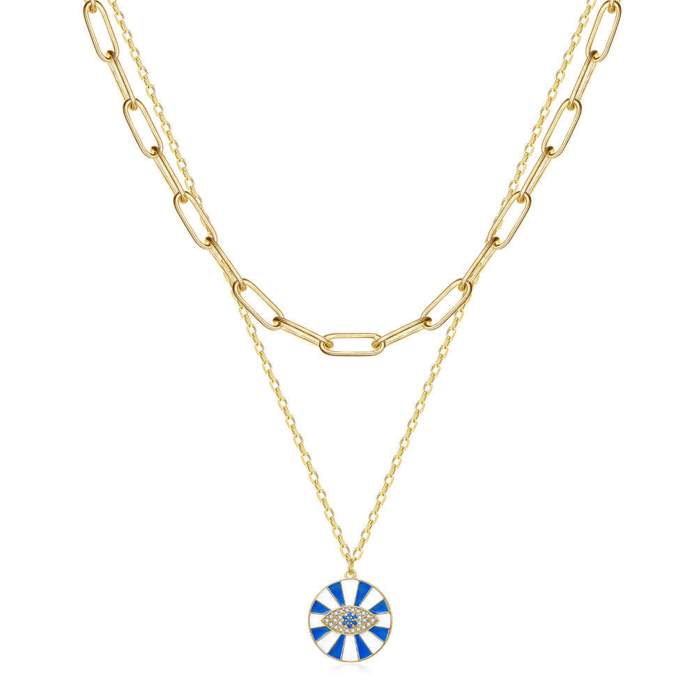 Dainty 14K Gold Layered Evil Eye Religious Necklace- Paperclip+Lucky Blue Eye