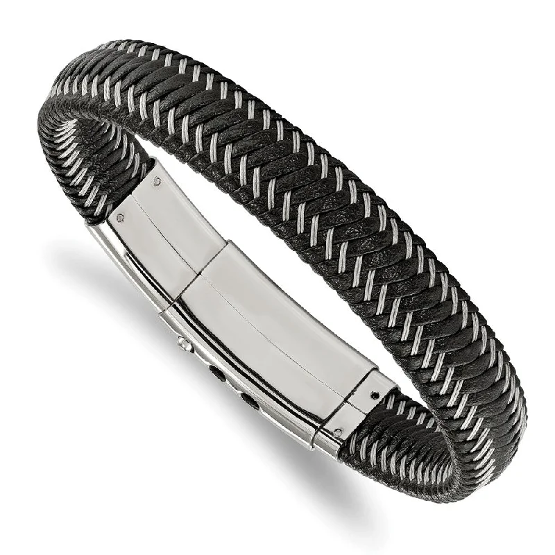 13mm Stainless Steel Black Leather & Braided Wire Bracelet, 8-8.5 Inch