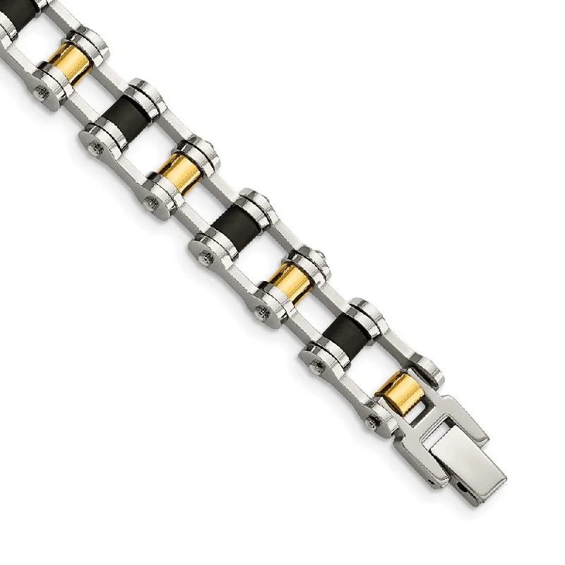 Men's Stainless Steel, Gold Tone and Black Rubber Bracelet, 8.75 Inch