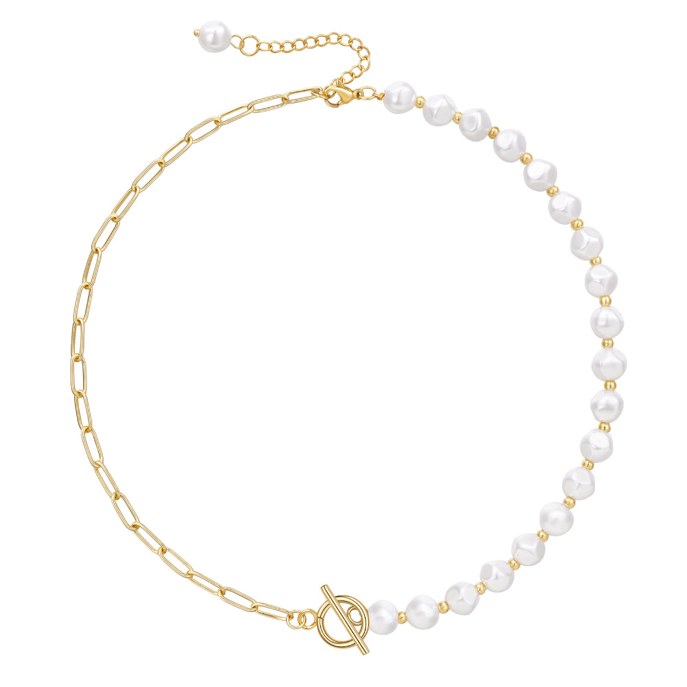 14K Gold Plated Half Pearl Half Paperclip Chunky Link Chain- Round