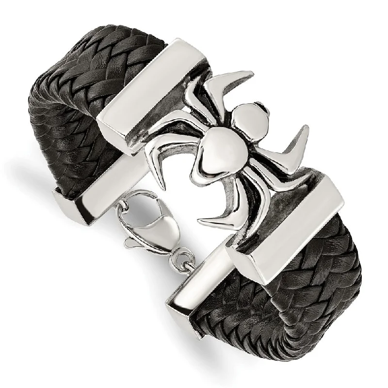 Men's Stainless Steel & Black Leather Large Spider Bracelet, 8.5 Inch