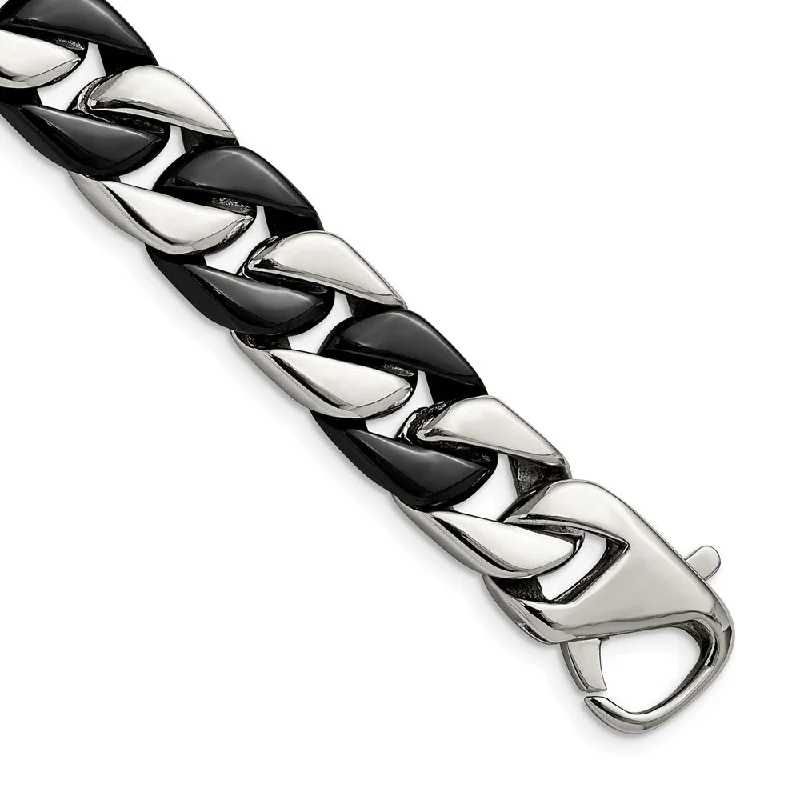 14mm Stainless Steel & Black Plated Curb Chain Bracelet, 8.75 Inch