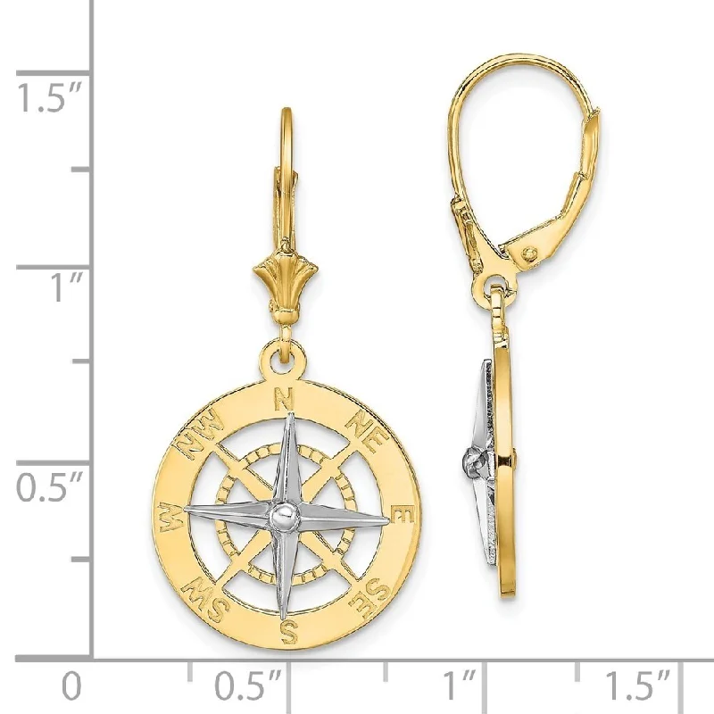 Diamond2Deal 14K Two-Tone Gold with Rhodium Nautical Compass Leverback Dangle Earrings (L- 1.4 Inch)