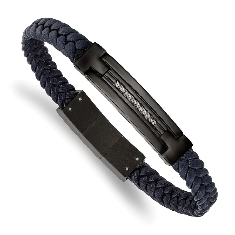 Black Plated Stainless Steel Navy Blue Leather I.D. Bracelet, 8-8.5 In