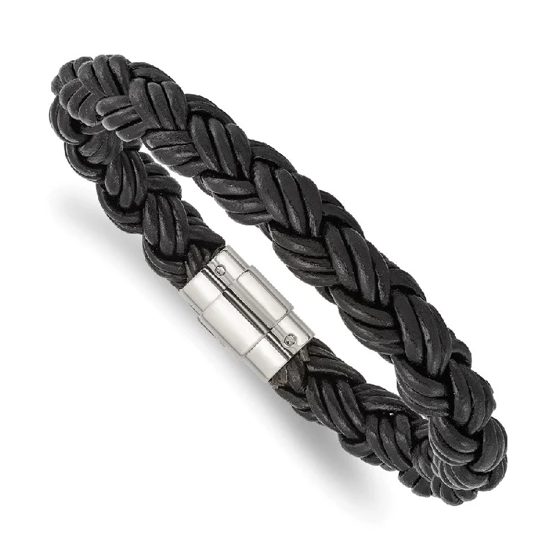 11mm Stainless Steel & Black Leather Triple Braided Bracelet, 8.5 Inch