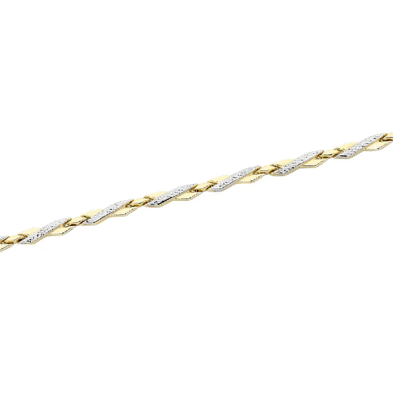 9ct Yellow Gold Silver Infused Two Tone Cross Pattern Bracelet