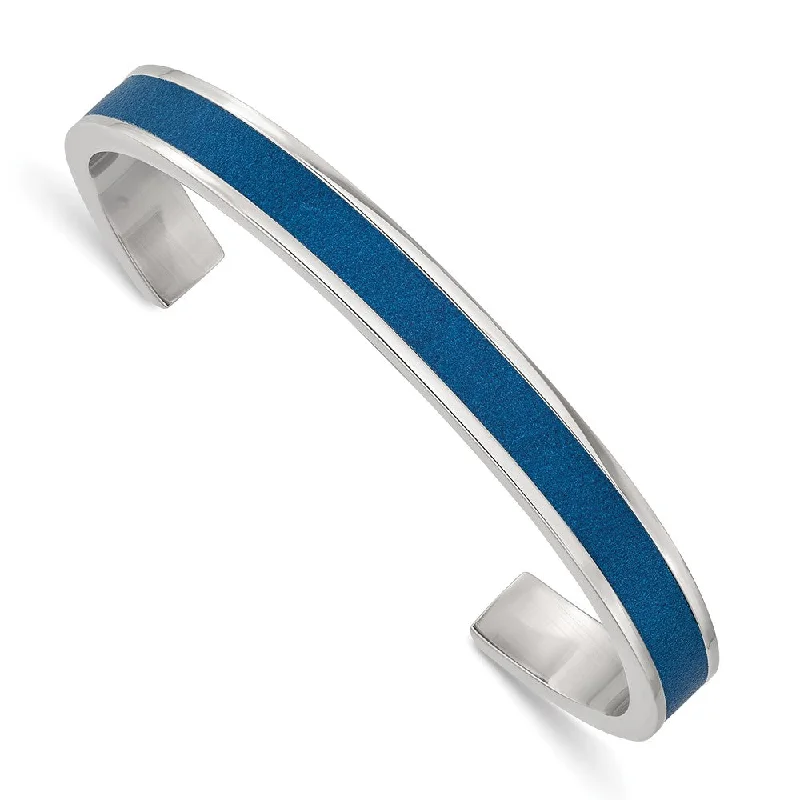 8mm Stainless Steel & Blue Leather Cuff Bracelet, 7.25 Inch