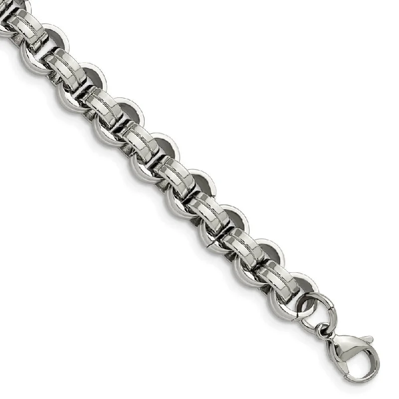 Mens 8mm Polished Stainless Steel Fancy Rolo Chain Bracelet, 8 Inch