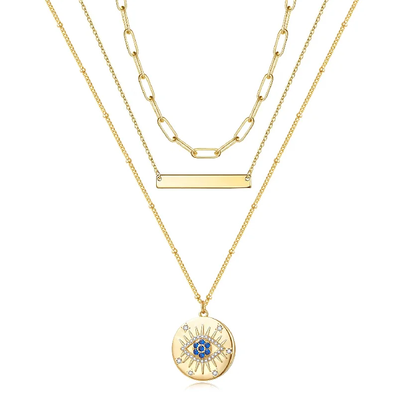 Dainty 14K Gold Layered Evil Eye Religious Necklace- Gold Evil Eye+Paperclip+Bar Necklaces