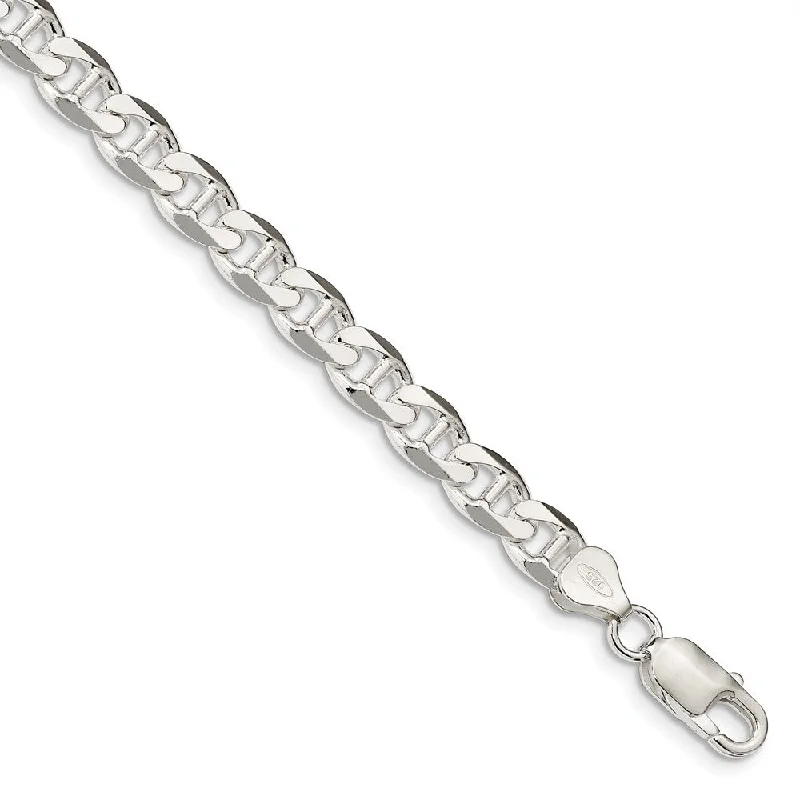 Mens 7.4mm Sterling Silver Solid Flat Cuban Anchor Chain Bracelet