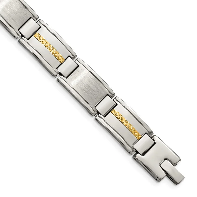 12.5mm Stainless Steel & 14K Yellow Gold Inlay Link Bracelet, 8.75 In