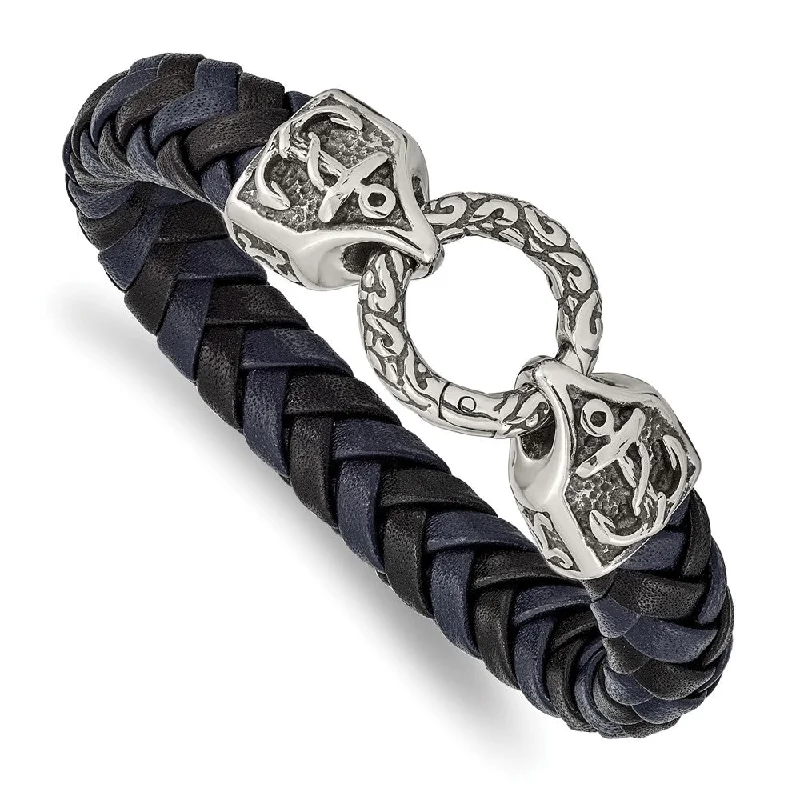 Stainless Steel Black/Blue Leather Antiqued Anchor Bracelet, 8.25 Inch