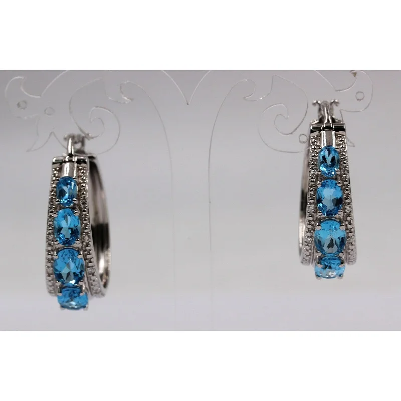 925 Sterling Silver Swiss Blue Topaz and White Natural Zircon Hoop Earrings