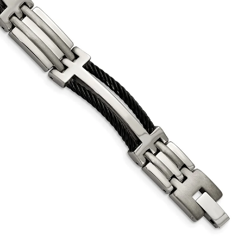 11mm Men's Titanium and Black Cable Link Bracelet - 8.5 Inch