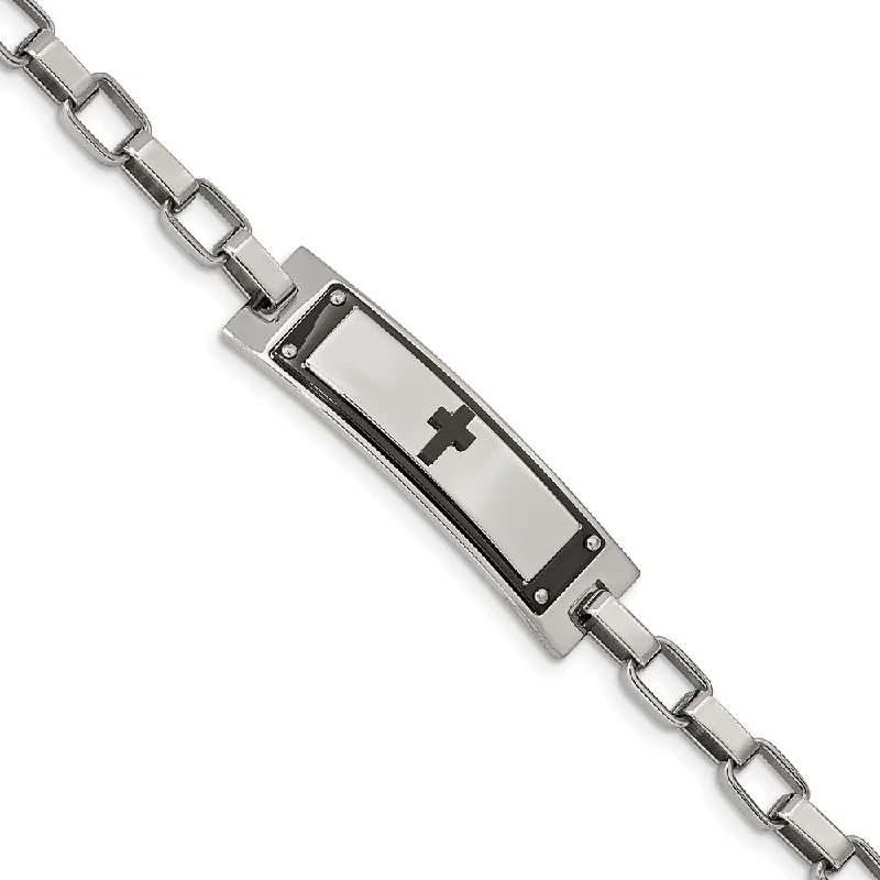 Men's Stainless Steel & Black Plated Cross I.D. Link Bracelet, 8.5 In