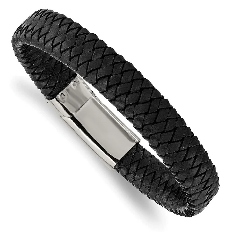 12mm Stainless Steel Black Braided Leather Bracelet, 8.5 Inch