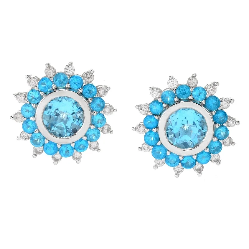 Dallas Prince Sterling Silver Multi Gemstone Double Halo Flower Stud Earrings. Collection: Classic Dallas