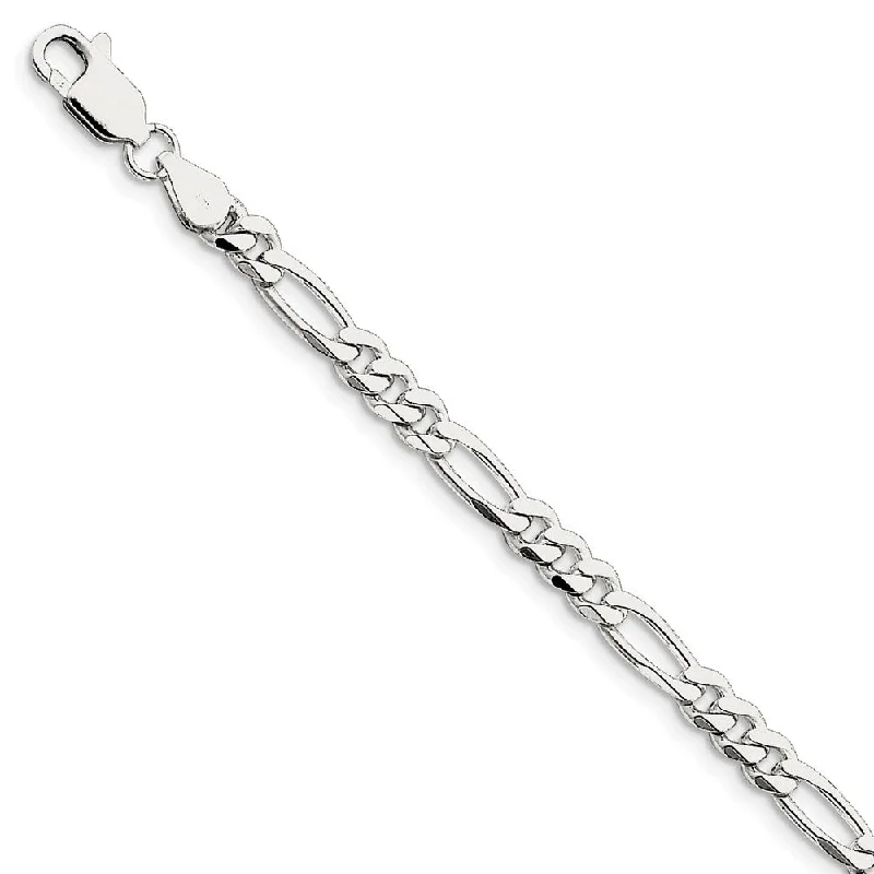 5.25mm Rhodium Sterling Silver Solid Figaro Chain Bracelet, 8 Inch